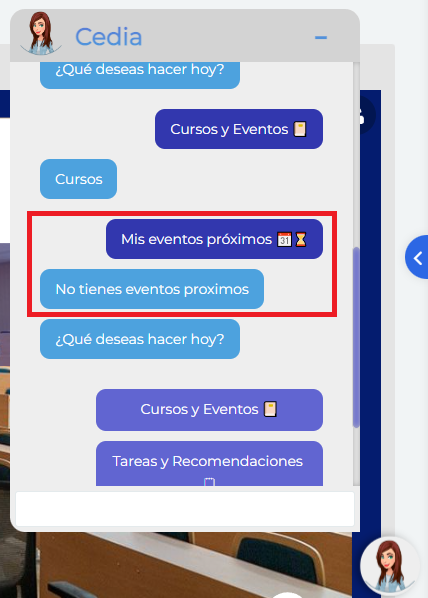 Subopcion Mis eventos próximos cuando no hay eventos próximos.