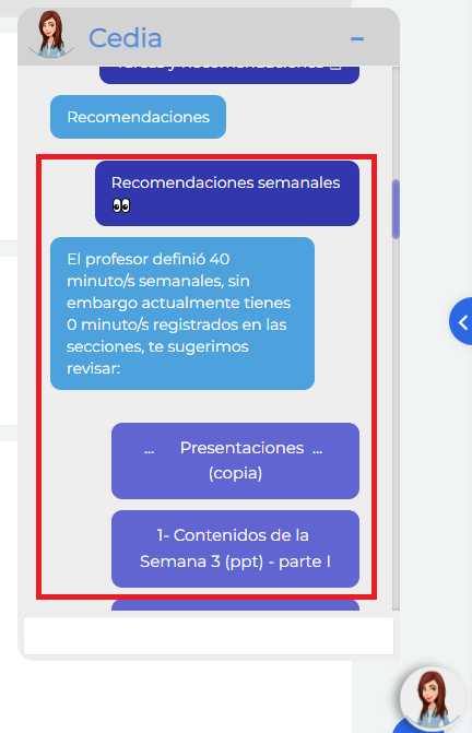 Subopcion recomendaciones semanales